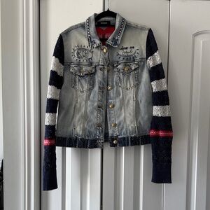 Desigual Light-Wash Denim Jacket with Navy & White Striped Knit Sleeves